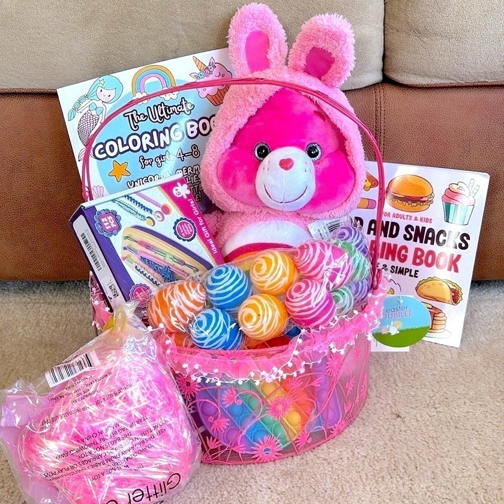 Brand New Pink Easter Basket Care Bear Friendship Bracelet Coloring Books Eggs